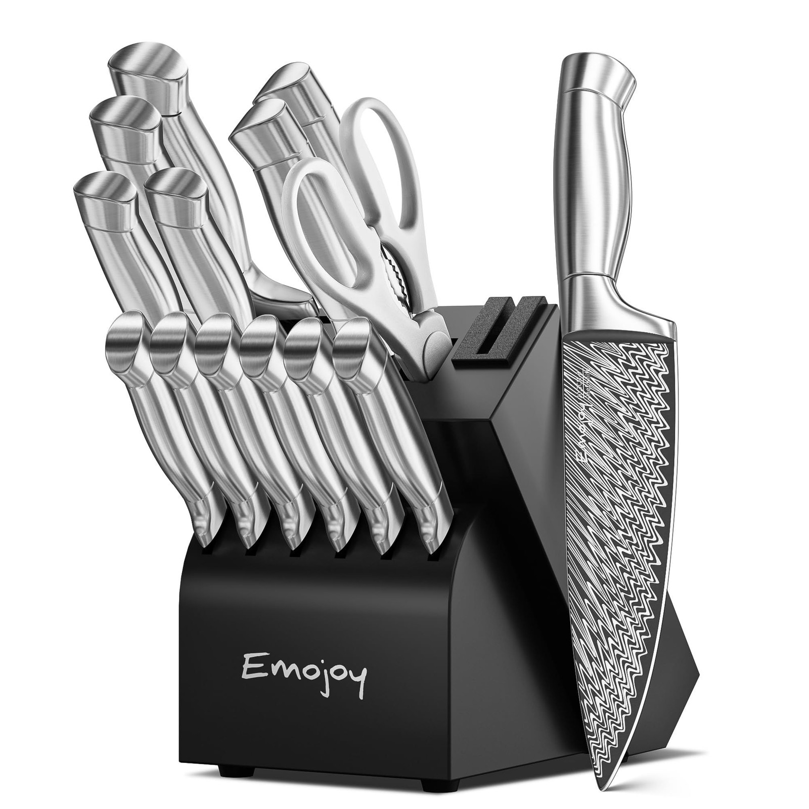 Knife Set, Emojoy 15-Pcs Kitchen Set with Block and 15-pieces, Silver