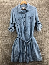 GAP Denim Shirt Dress Rolled Tab Blue Womens Sz 14 Belted Long Sleeve
