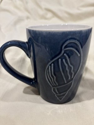Navy Blue Coffee Tea Mug Seashell Ocean Embossed Unmarked 4.5'' X 3.5'' Oversized