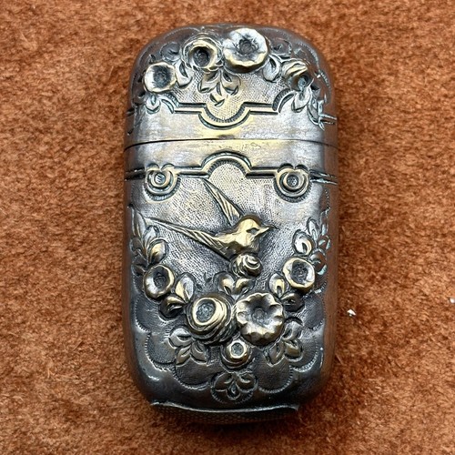 ANTIQUE VESTA CASE RAISED BIRD & FLORAL DESIGN WITH GOLD TONED ACCENTS!!!