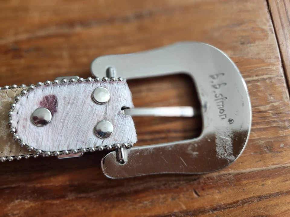 Cinturón de pelo de becerro rosa BB Simon tachuelas de cristal de Swarovski iridiscente vintage XL Foto 4 de 4