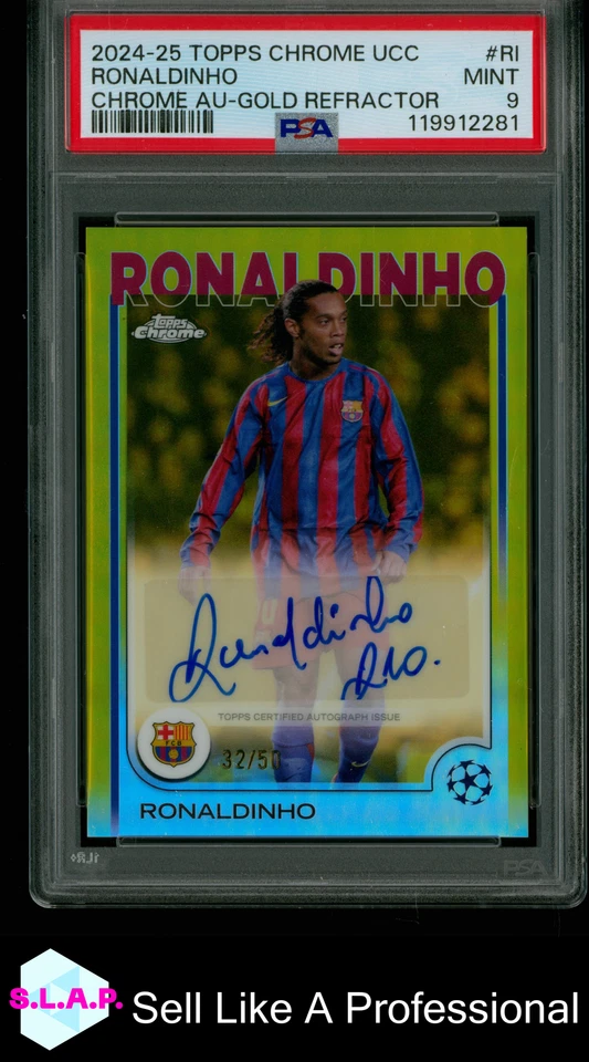 RONALDINHO AU-GOLD REFRACTOR TOPPS CHROME UCC CHROME AUTO 2024-25 RI EN PSA 9