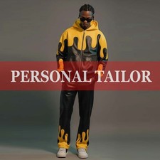 Men's Genuine Real Lambskin Leather Hoodie TrackSuit Sweatsuit Black/Yellow 
