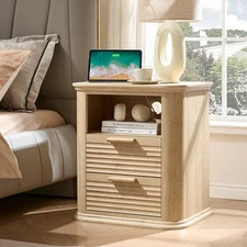 22" Fluted Night Stand with Charging Station Modern End Table
