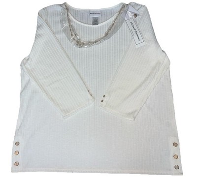 Alfred Dunner ST. MORITZ Pull-Over 3/4 Sleeve w/Attached Necklace Ivory LG NWT