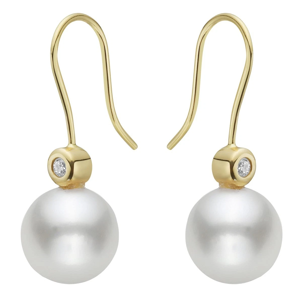 18K Yellow Gold Pearl & Bezel Set Diamond Hook Earrings 9-10mm 0.06 ct tw G SI1