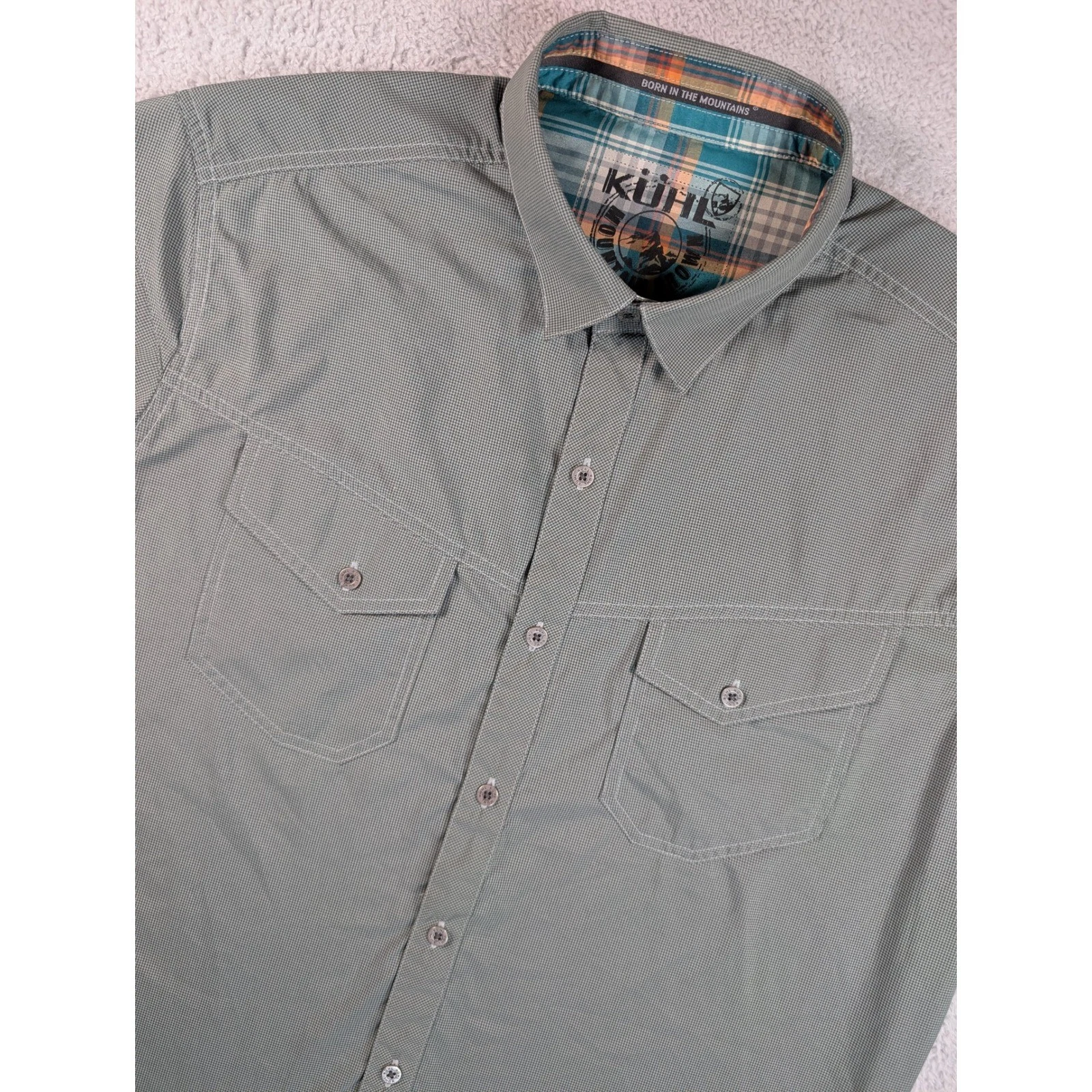 Kuhl Mens Gray Micro Check Short Sleeve Button Down Shirt Large Hiking