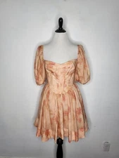 REVOLVE BARDOT Kiah Corset Mini Dress Women Size 6 Puff Sleeve Orange Floral NWT