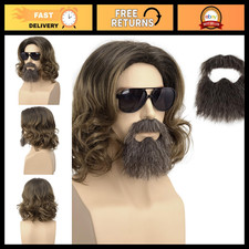 Brown Short Curly Wig for Men with Glasses  Beard - Cosplay Halloween Costume