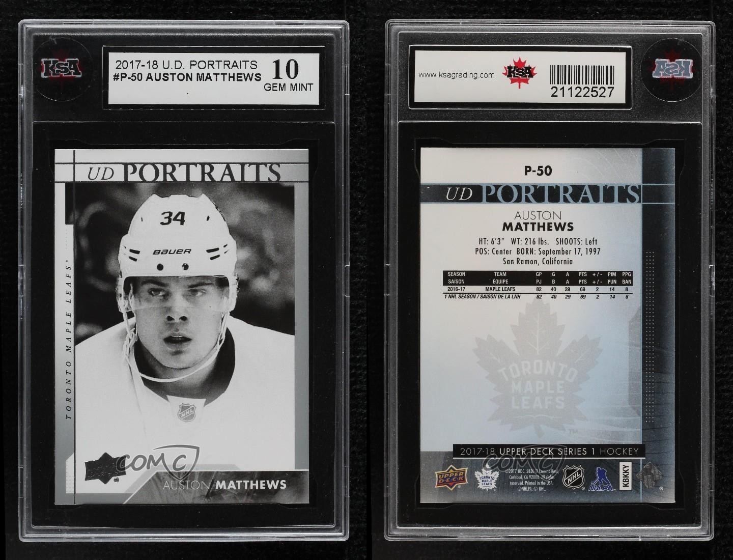 2017-18 Upper Deck Portraits Auston Matthews #P-50 KSA 10 GEM MINT view 3