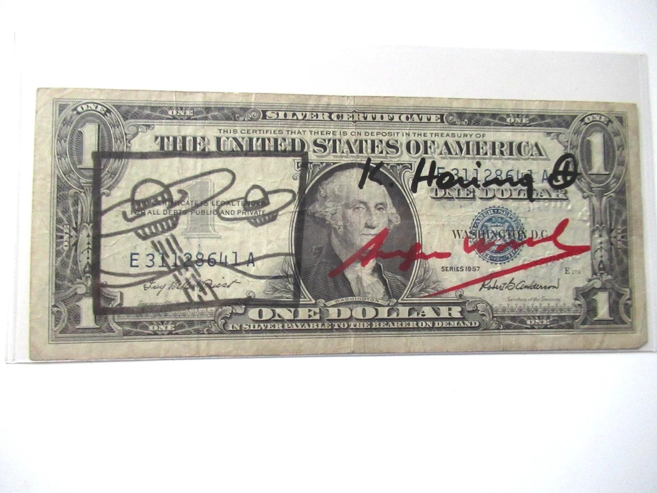 A. WARHOL/K. HARING: 1 US Dollar 2x ORIGINAL SIGNIERT,  MIT AMTL. ST. 1977