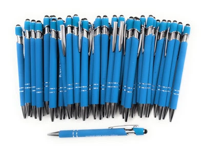 50ct Lot Misprint Metal Alpha Soft Touch Stylus Click Pens: SKY/BABY BLUE