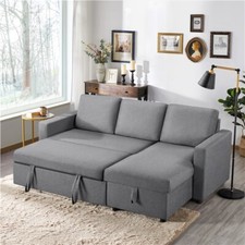 Convertible Sectional Reversible Sofa Couch Bed L-Shaped w/Chaise USB Light Gray