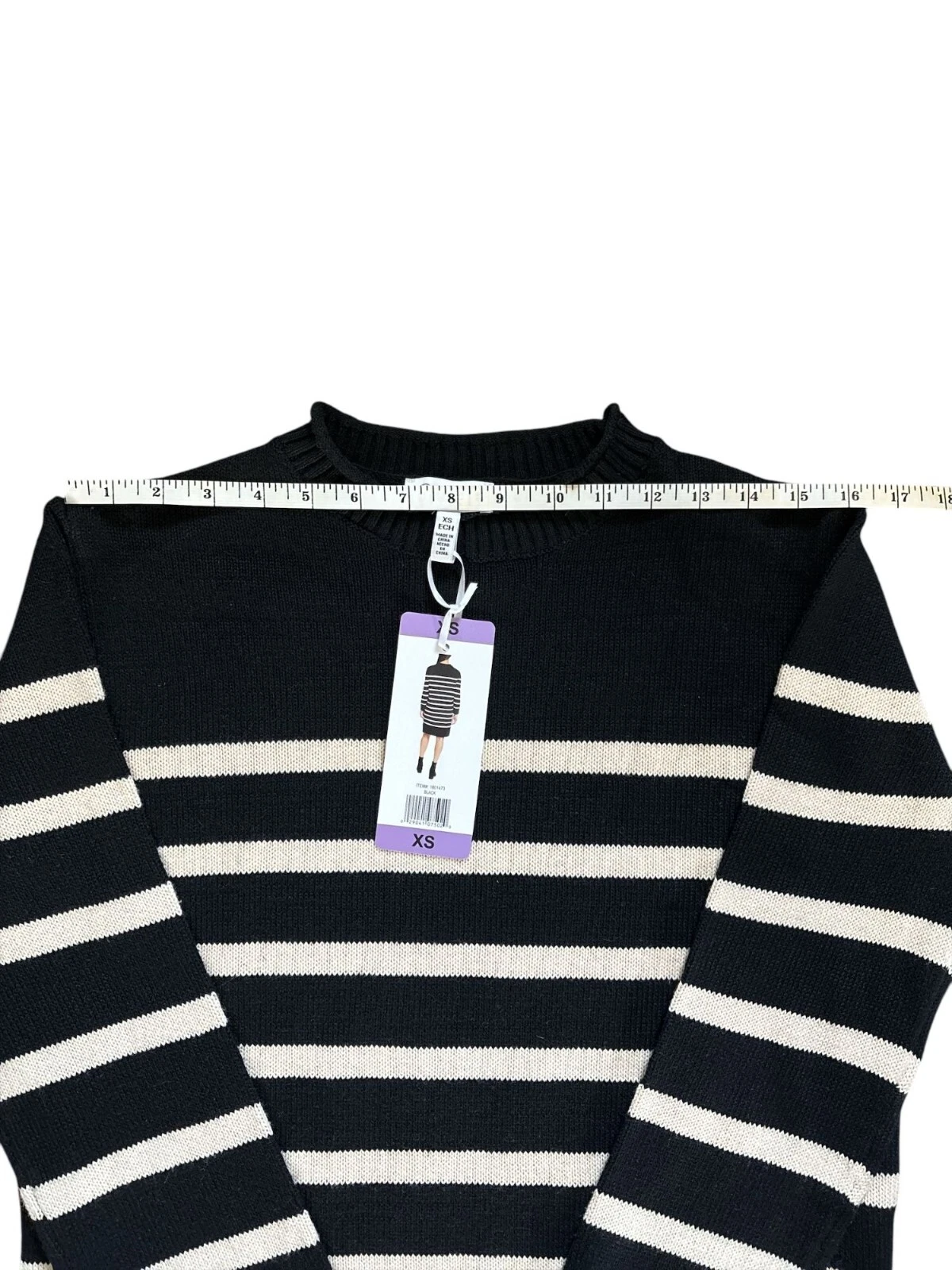 OFF WHITE Abito maglione maglia a righe Jessica Simpson bianco e nero XS lunghezza ginocchio nuovo con etichette