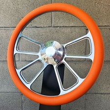 14 Cnc Billet 4 Spoke Steering Wheel With Orange Vinyl Half Wrap And Plain Horn