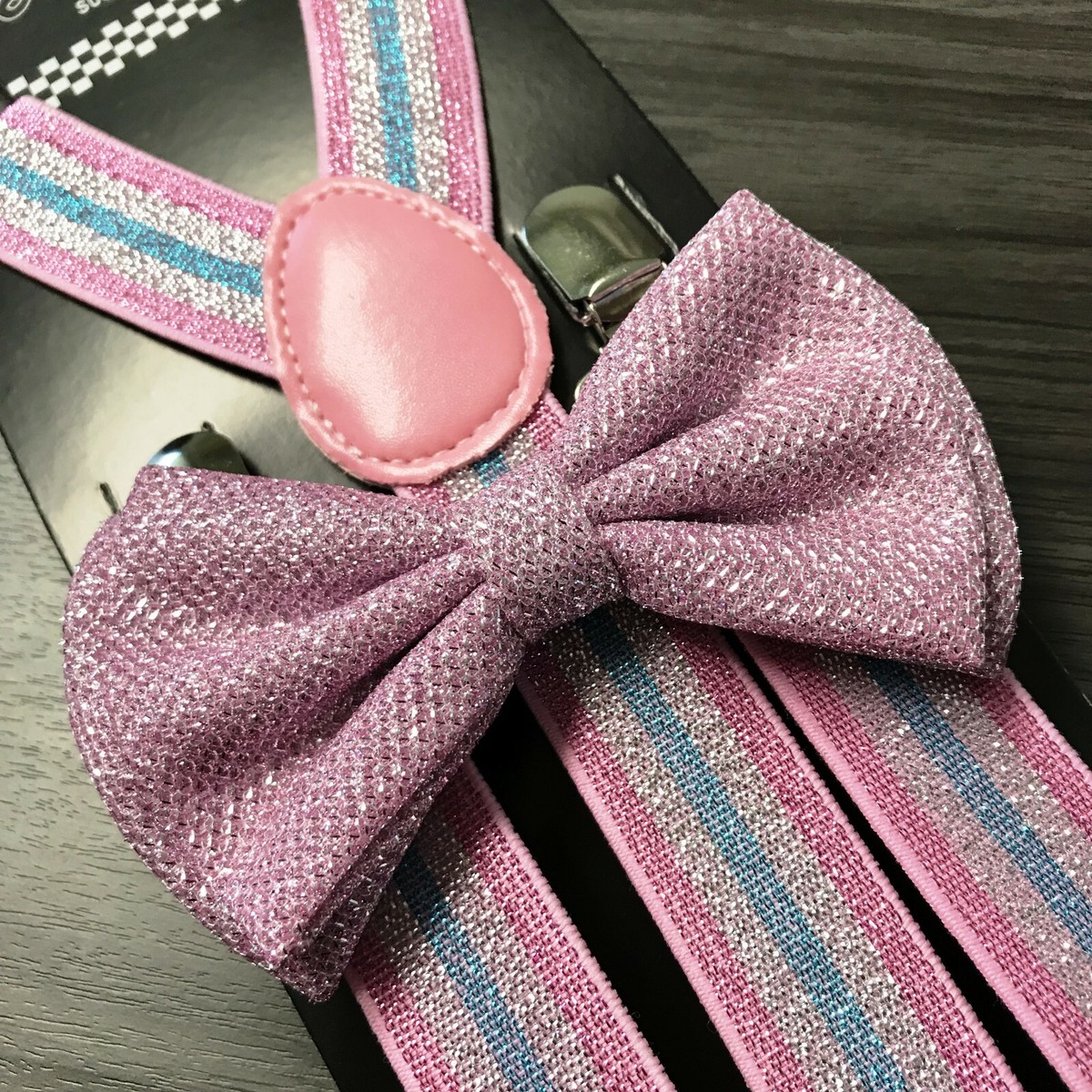 Pink Blue Glitter Suspenders and Bow Tie Matching Set Wedding