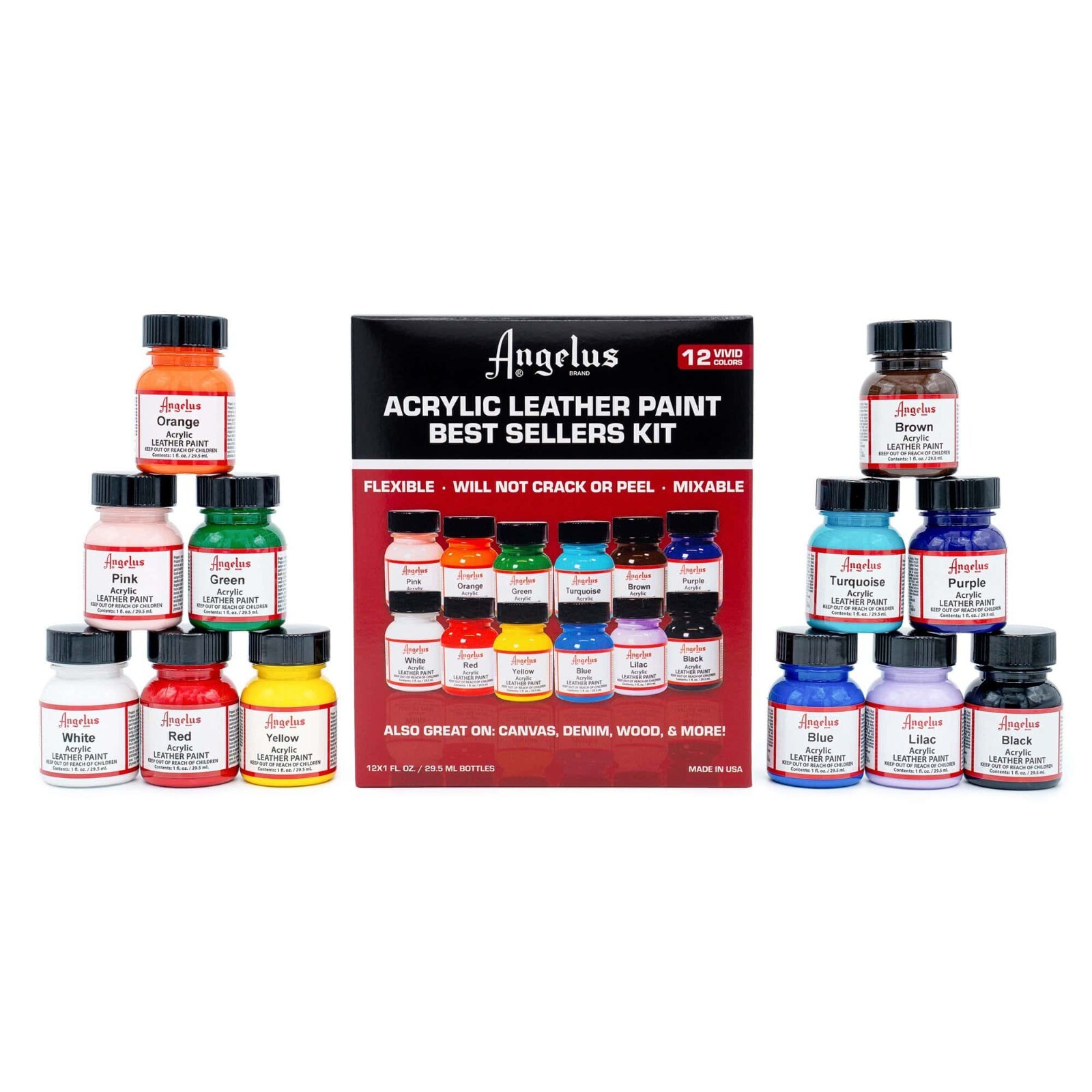 Angelus Acrylic Leather Paint - Best Sellers Starter Kit - 12 Paint Set - 1oz