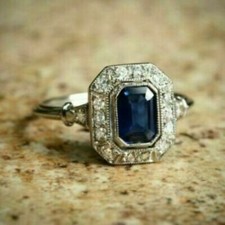 Art Deco Style 1 Ct Blue Emerald Cut Sapphire CZ Halo Engagement Ring 925 Silver