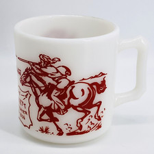VINTAGE MID-CENTURY HAZEL ATLAS MILK GLASS RED DAVY CROCKETT KIDS MUG-WESTERN