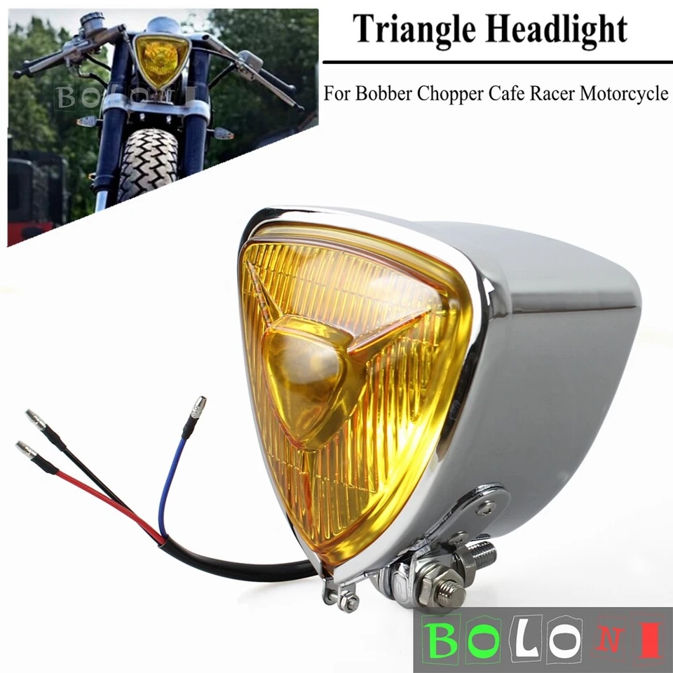 Faro triangular retro vintage con lente ámbar para Harley Bobber Chopper Café Racer Foto 2 de 4