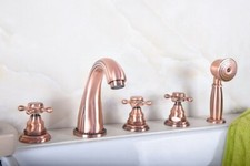 Antique Red Copper Bathtub Faucet Deck Mount 5 Hole Roman Tub Faucet Hand Shower
