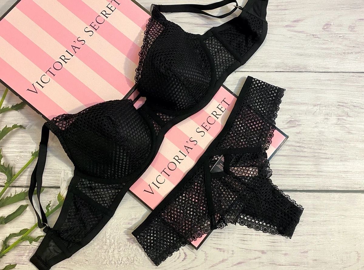 Victoria's Secret Luxe Lingerie Fishnet Lace Push-up Bra Set Black 34DD 36D  38D