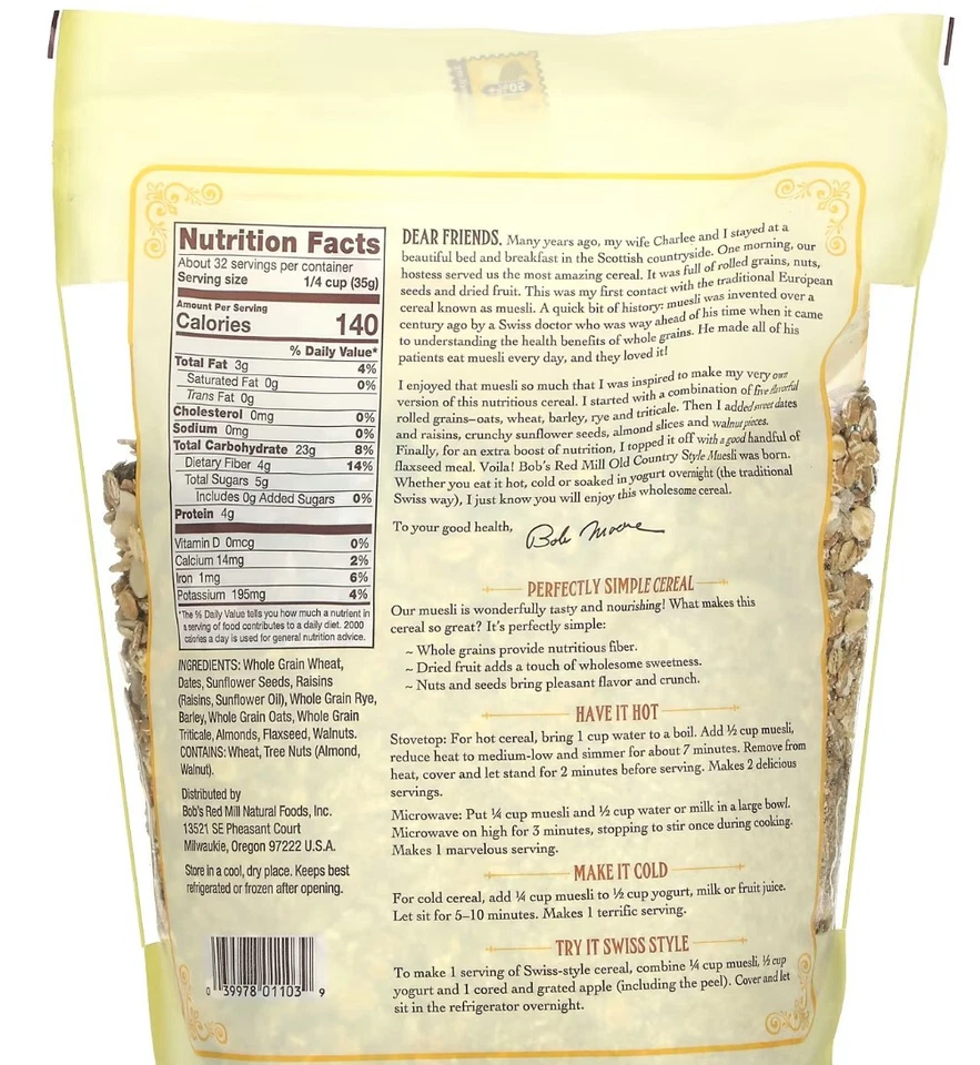 PACK de 3 cereales Muesli Bob's Red Mill resellables estilo country antiguo 40 oz ea E:2027 Foto 2 de 4