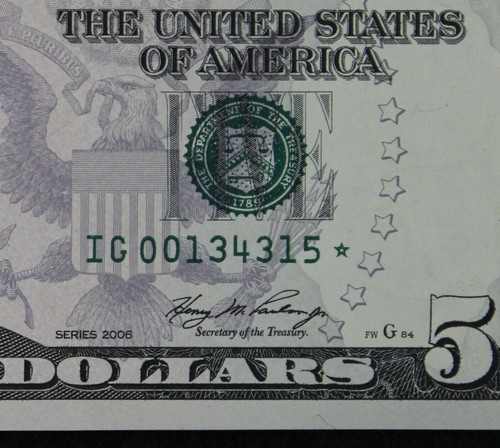 LOW PRINT $5 2006 GEM CU Star Federal Reserve Note IG00134315* five dollar Run 1