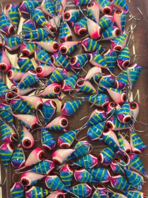 Tungsten blue and pink glow ice fishing jigs 5mm lot of 10