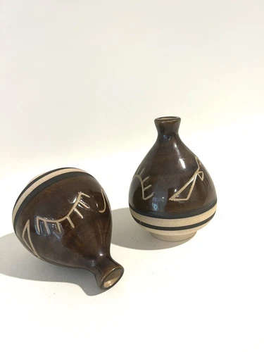 Set of Two Saguaro Stoneware Vessels Native Art Boho Vase 4” H x 3” D