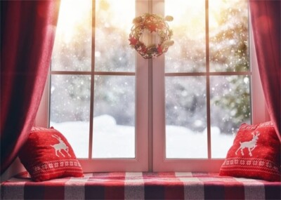 1.5x1m Foto Hintergrund Christmas Interior Garland Red Vorhang