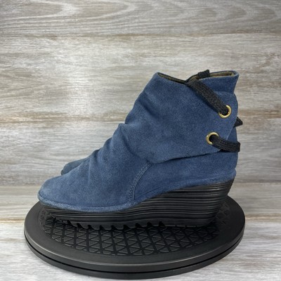 Fly London Women s Yama Blue Suede Back Tie Wedge Ankle Bootie Size EU 39 US 8