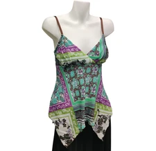 Vintage A. Byer Babydoll Colorful Paisley Y2K Asymmetrical V-Neck Top Womens M