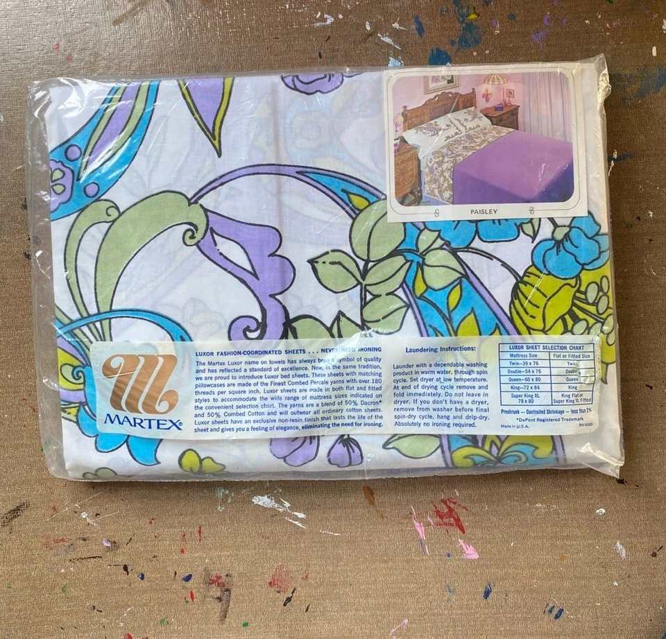 Martex Floral Paisley Vintage 60s 1960s 1 Double Flat Bed Sheet Flower Hippy - Image 4 of 4