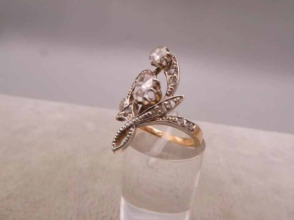 Ring Gold 14 Karat Jugendstil Art Nouveau Rarität mehrfärbig mit Diamantrosen - Bild 4 von 4