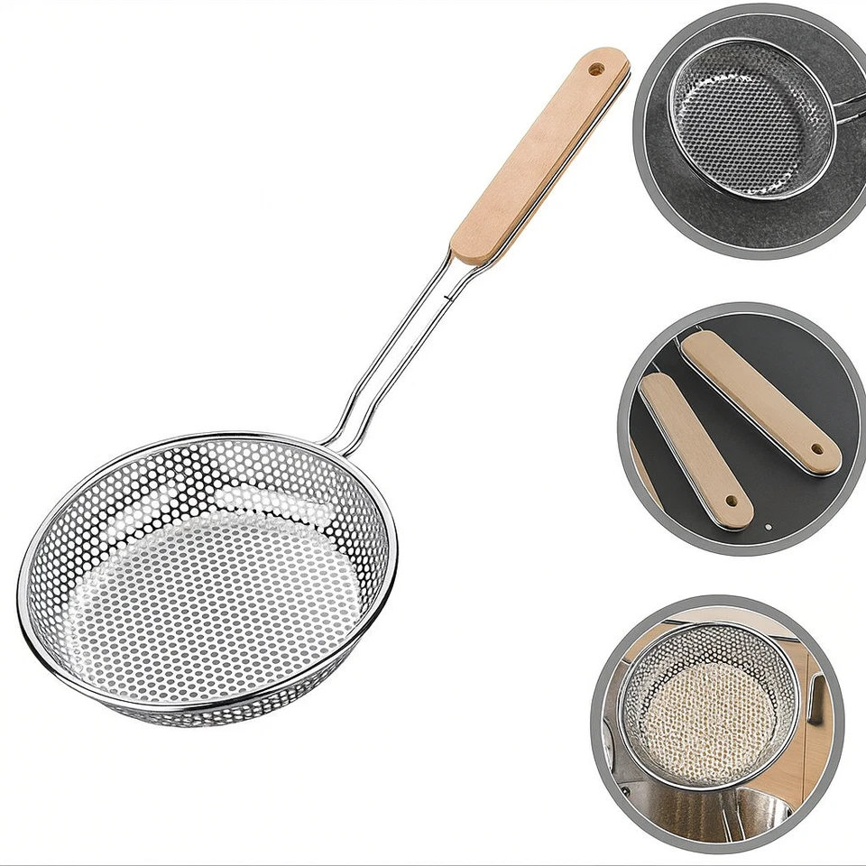 Stainless Steel Fine Mesh Skimmer Spoon with Wooden Handle, Kitchen Strainer - Image 4 of 4