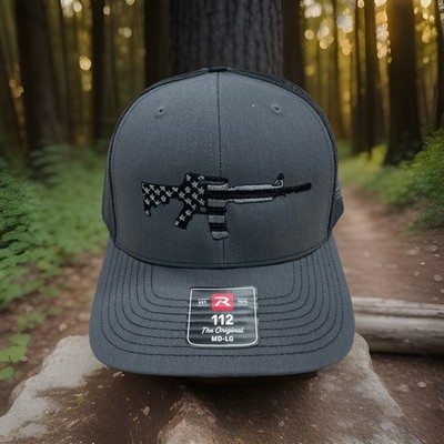 Richardson 112 charcoal/Black Trucker Hat USA Flag Embroidered Snapback Cap MAGA
