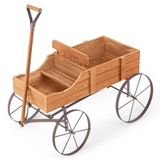 Wooden Wagon Planter with Adjustable Handle Dual Compartments 4 Wheels