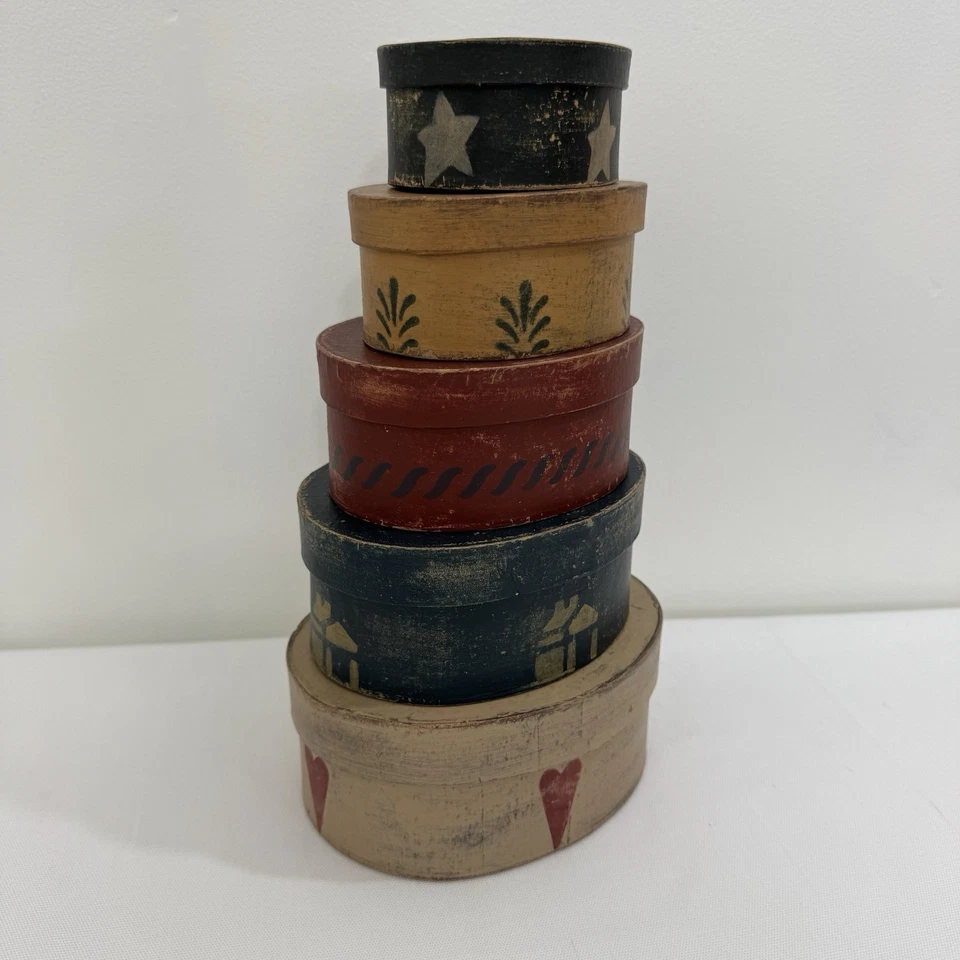 Primitive Cardboard Oval Nesting Boxes Set of 5 With Lids - Image 4 of 4