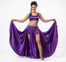 Satin Belly Dance Skirt Full Circle Double Slit Tribal Gypsy Boho Costume