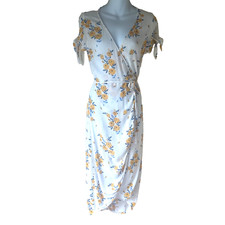 H&M DIVIDED Yellow Floral Wrap Dress White Blue Summer Boho Midi Size 6 Viscose