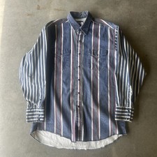 VTG Wrangler Brushpopper Shirt Mens 16.5X34 Blue Striped 90s Made In USA Rodeo