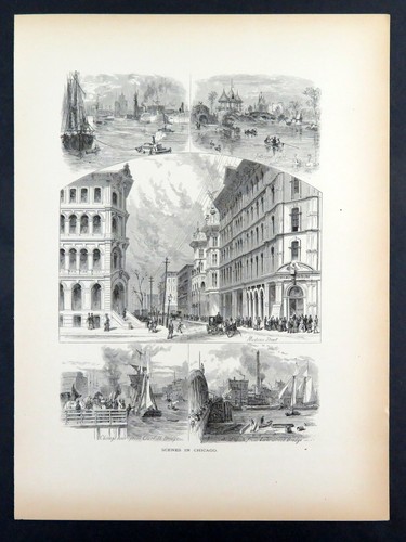 Chicago City and Park Scene, America storica 1874 antica incisione - Foto 3 di 4