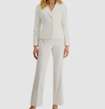 Le Suit Women's White Herringbone Solid Notch-Collar 2-Piece Pantsuit Size 12