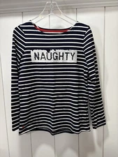 Joules Harbour Luxe Navy Stripe NAUGHTY/NICE FLIP SEQUINS Knit Top US 6 XMAS