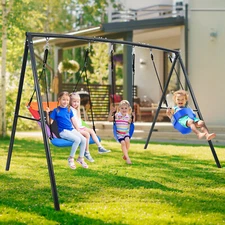 Metal Swing Set with 3 Seats Toddler Swing Outdoor Kids Playset Heavy Duty Frame