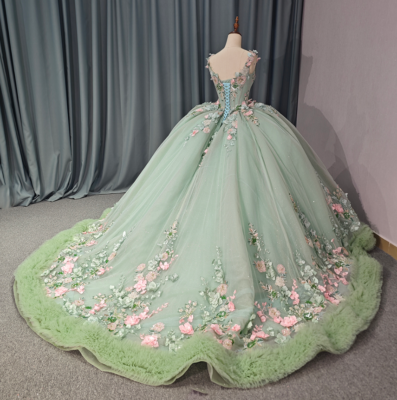 light green princess dress Princess Light Green Quinceanera Dresses with 3D Flowers Sweet 15 16 Ball  Gowns