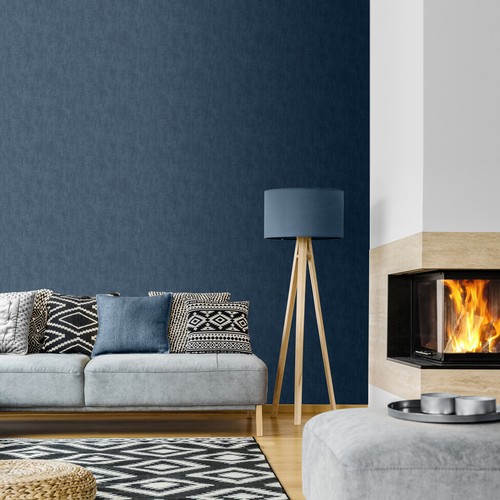 Muriva Linen Texture Effect Blue Denim Slight Metallic Fabric Look