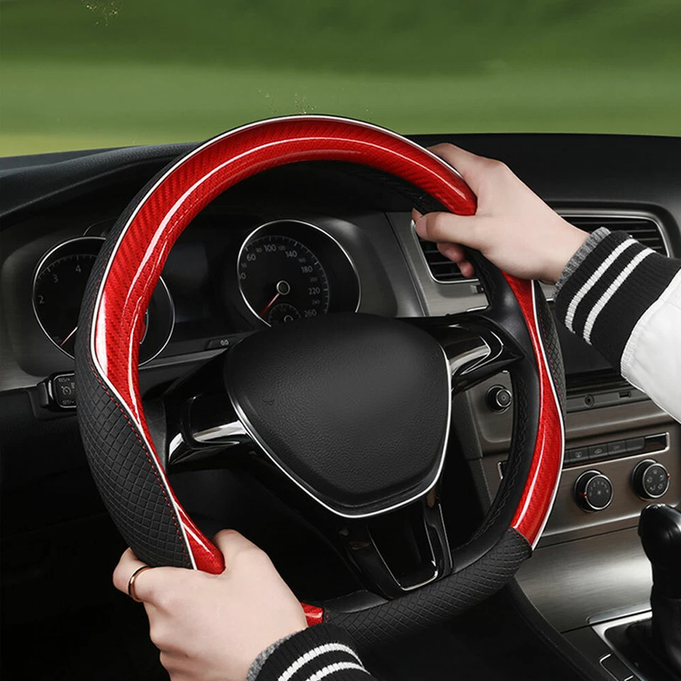 Cubierta de volante de coche tipo D de cuero de fibra de carbono accesorios antideslizantes moldura Foto 3 de 4