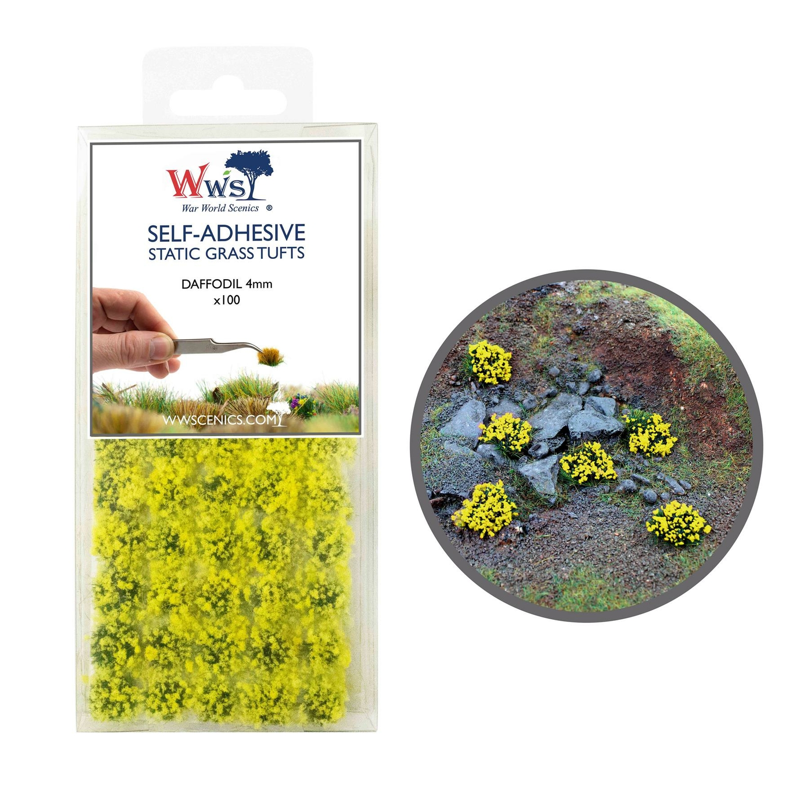 WWS Static Grass Tufts x 100 – Daffodil, 4mm – Model Railway Wargame Scenery